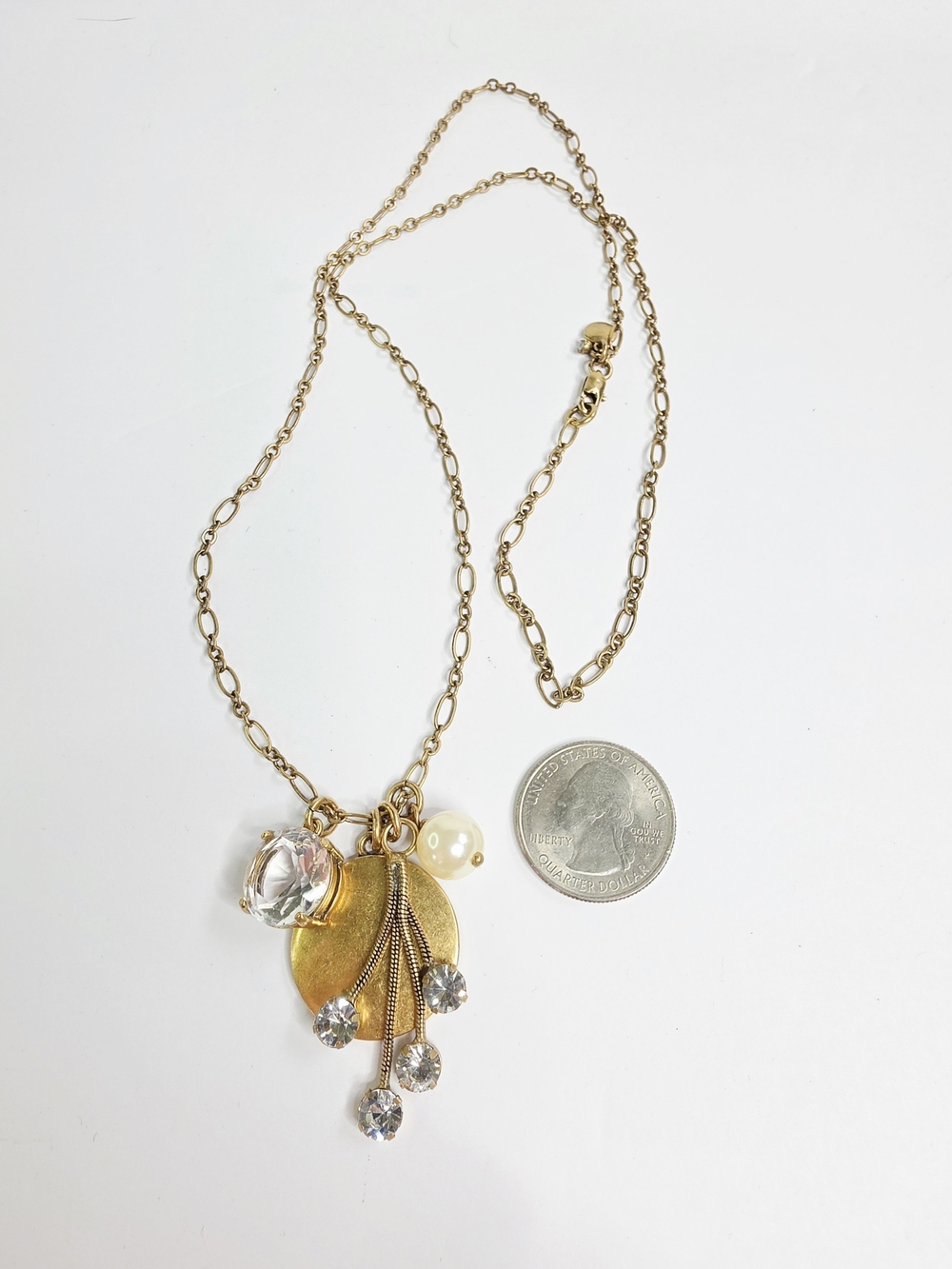 J. Crew Brass Gold-Tone Pendant Necklace Crystal & Pearl Accents - Women Jewelry